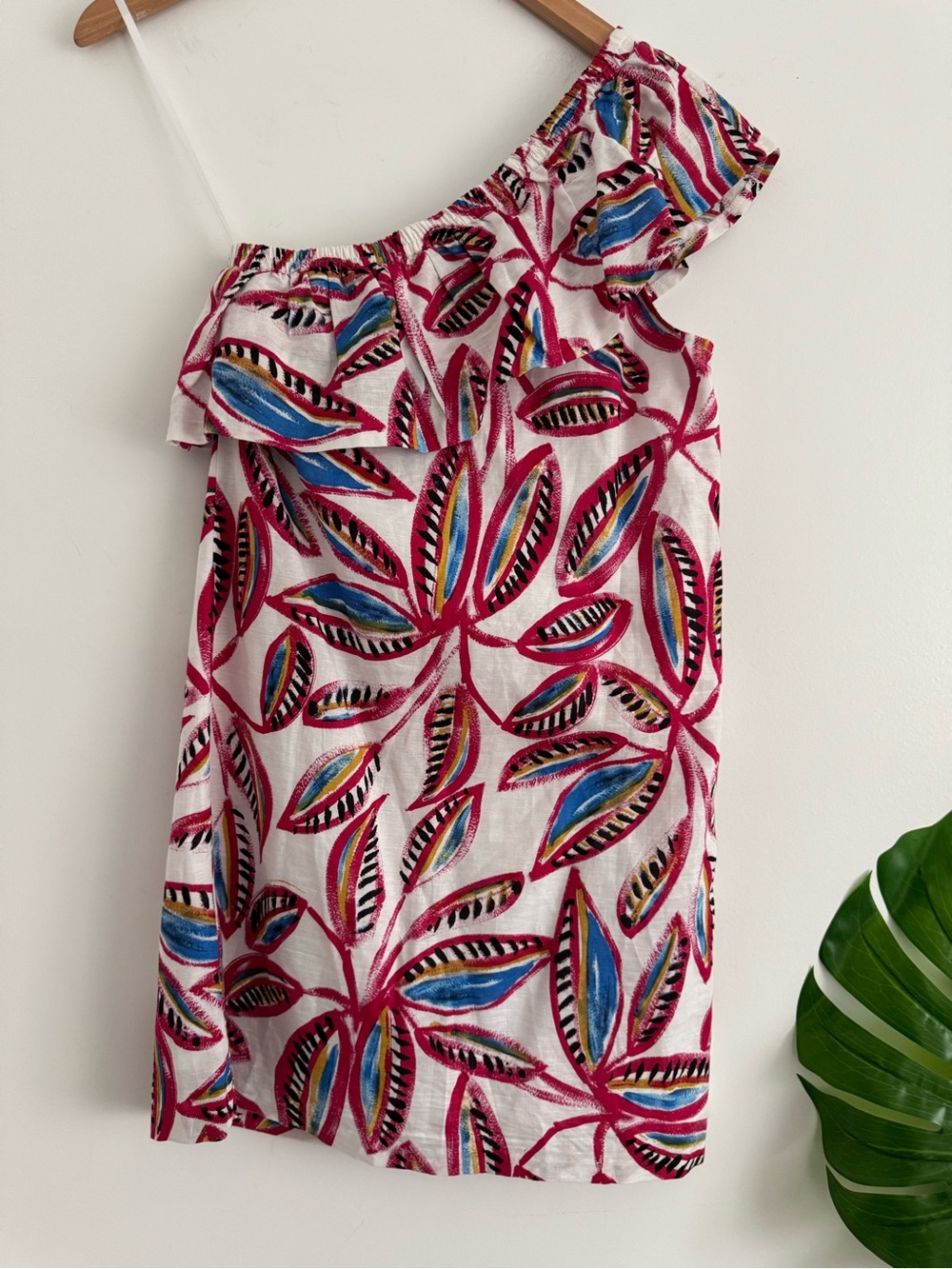 J. Crew One-Shoulder Leaf Print Dress in White, Pink, Blue